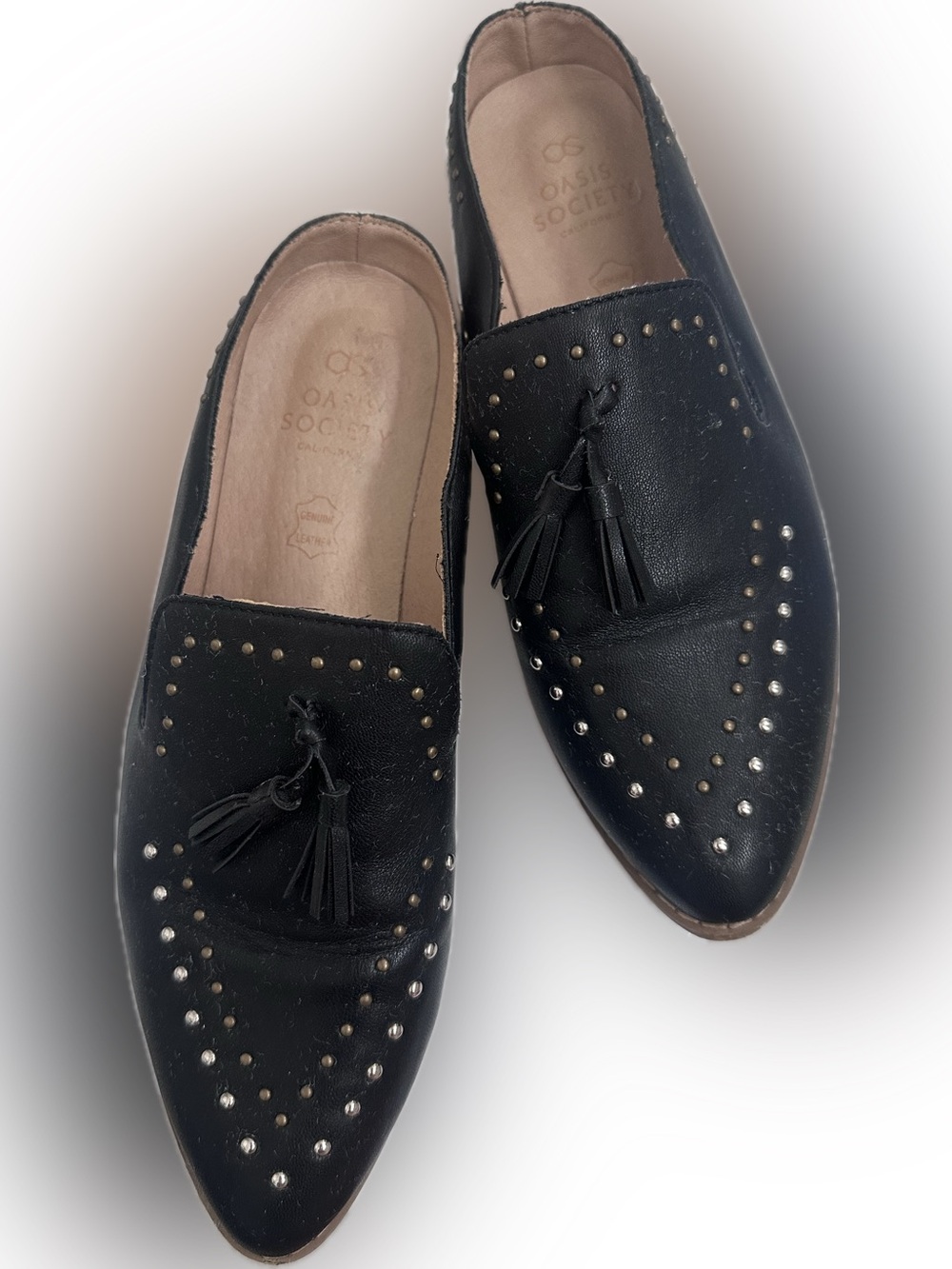 Society Black Leather Tassel Loafers with Stud Detail